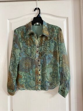 Coldwater Creek Paisley Sheer Lined Frayed Ruffle Top PS. JN-87